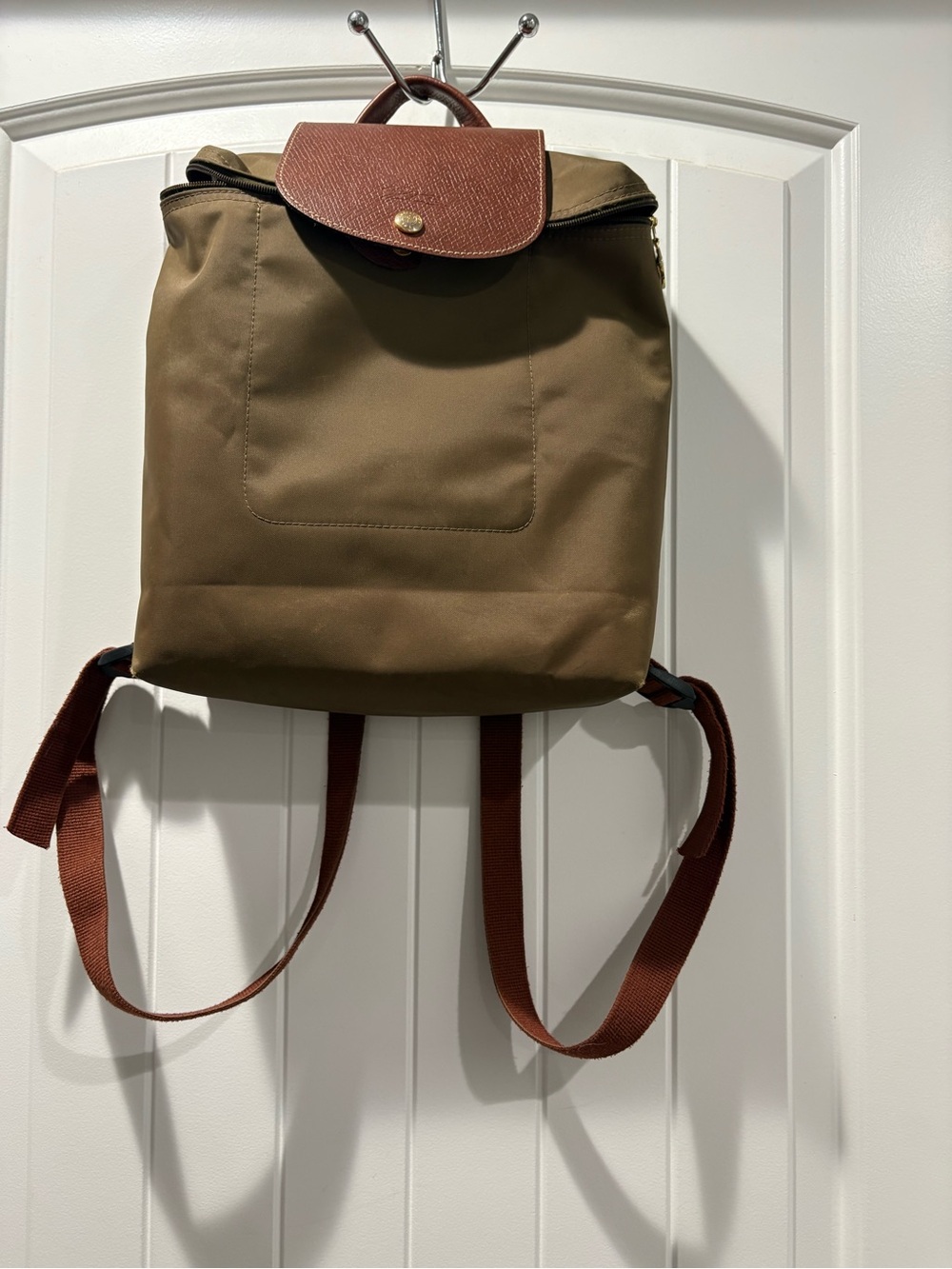 Longchamp Olive Green Backpack with Brown Trim